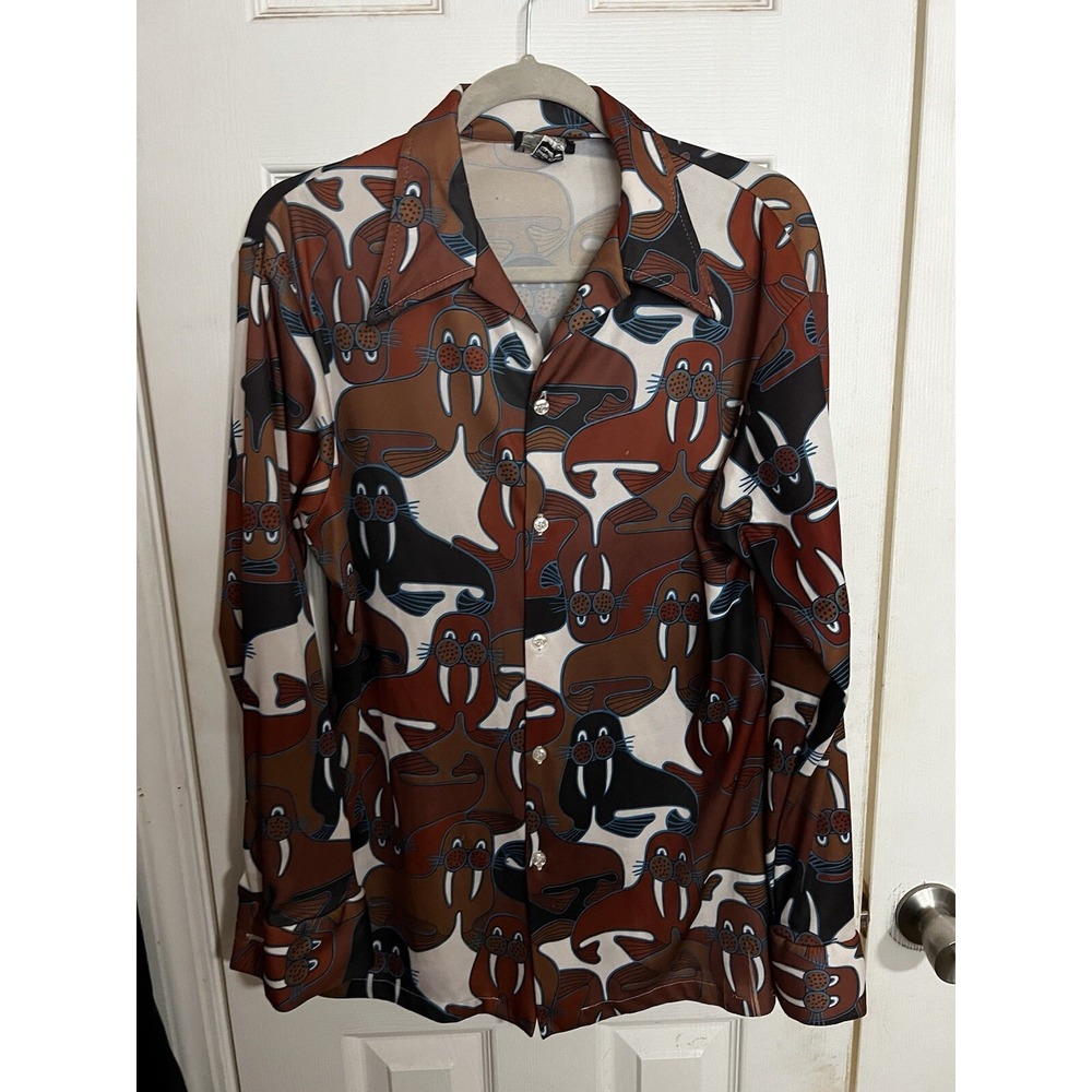 Vintage Charlie O Dallas Size Large Button Down‎ 70's Shirt Walruses Groovy